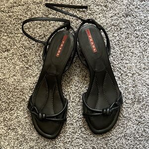 Prada Black Knotted Leather Ankle-Tie Sandals